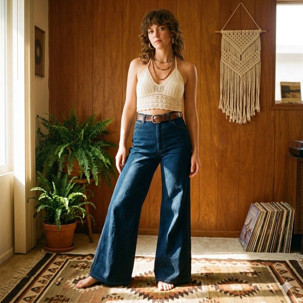 Vintage 70s Wrangler Cinch Back High Rise Wide Leg Bell Bottom Jeans Dark Wash